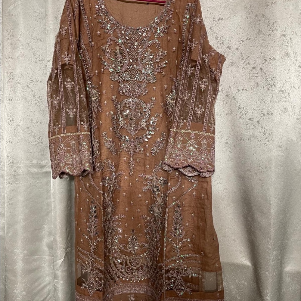 Embroidered Brown Dress plus size 3 PCs Pakistani dress